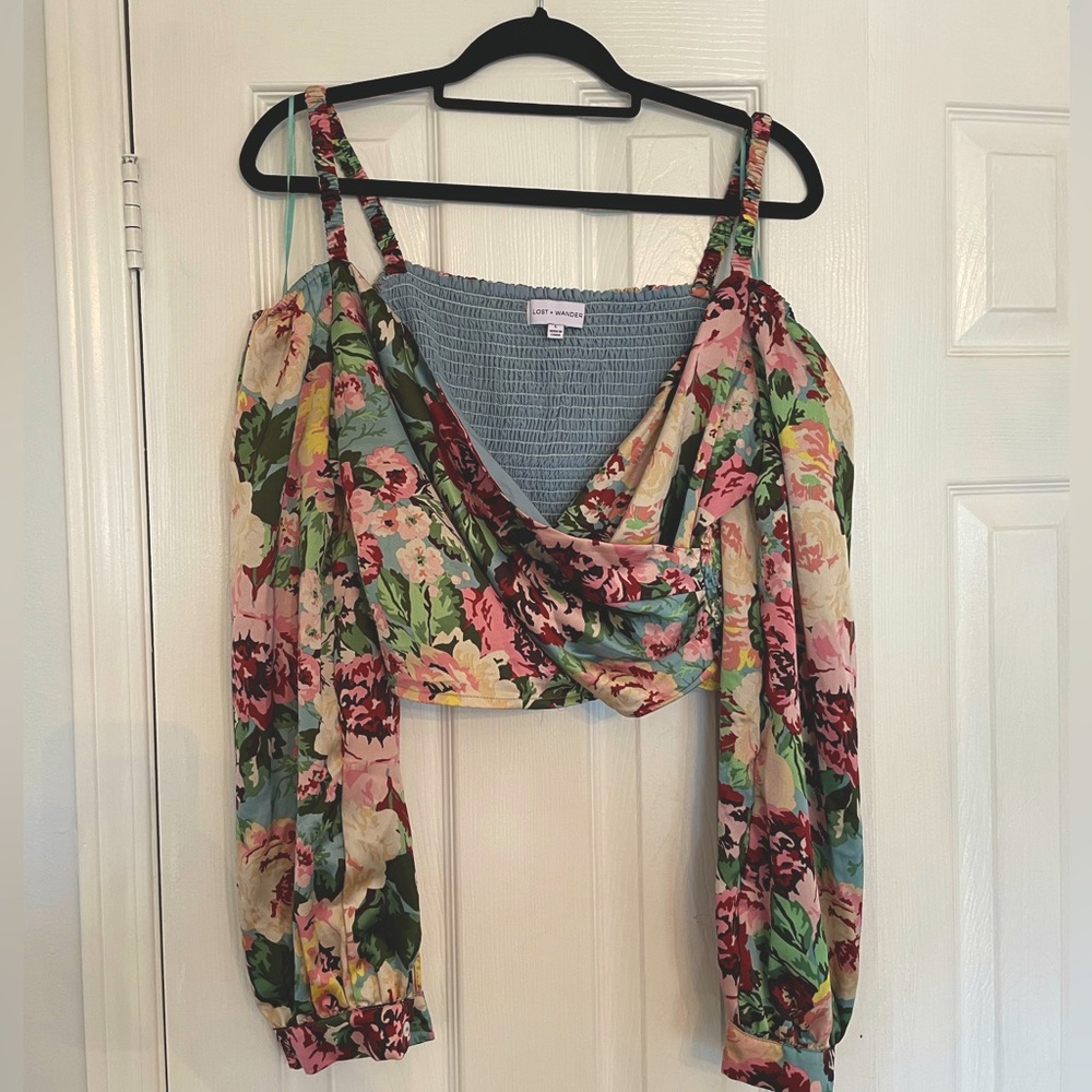 LOST + WANDER -SATIN Off Shoulder Floral Print Long-Sleeve Blouse